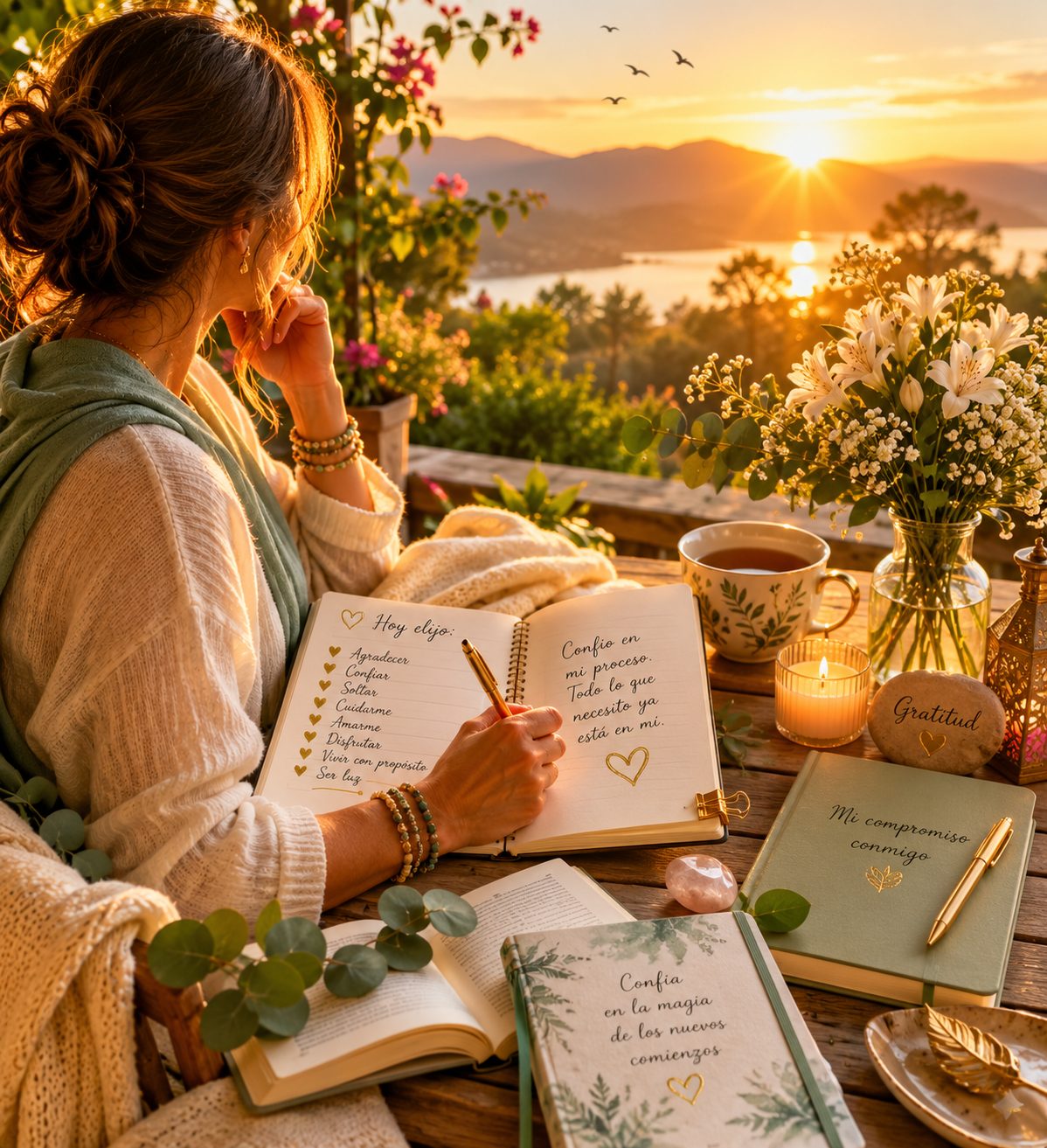 Mujer escribiendo en su diario de gratitud al atardecer